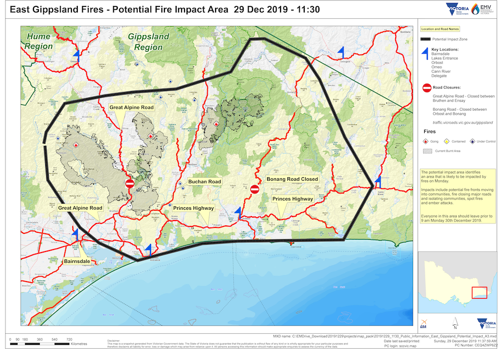 East Gippsland Fires - Potential Fire Impact Area 29 Dec 2019 - 11:30